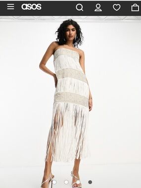 ASOS sz 10 NWTS Cream beaded Strapless Fringe Midi Dress